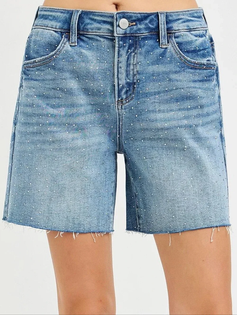 Risen Rhinestone Speckled Baggy Raw Hem Mid Length Weekend Sparkle Denim Shorts